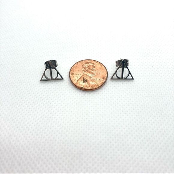 SILVER Stainless Steel Deathly Hallows Earrings - Picture 7 of 8